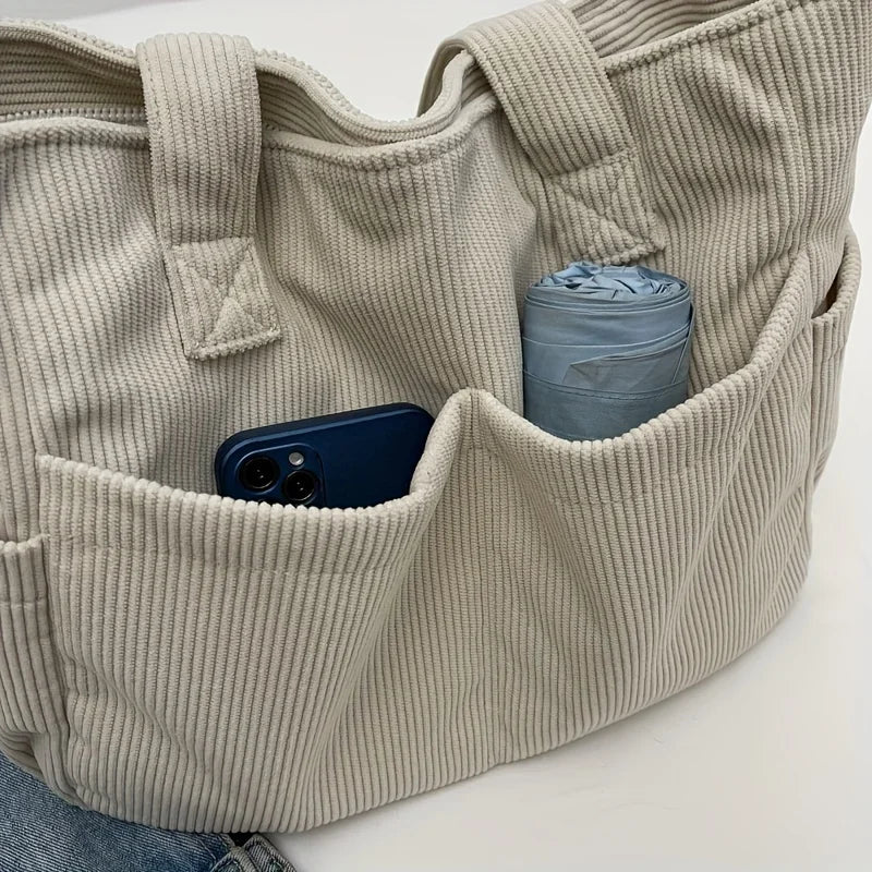 Damen Casual Cord Tote Bag – Gestreifte Schultertasche mit Reißverschluss | Große Kapazität Handtasche für Alltag & Shopping Kaufschwan®