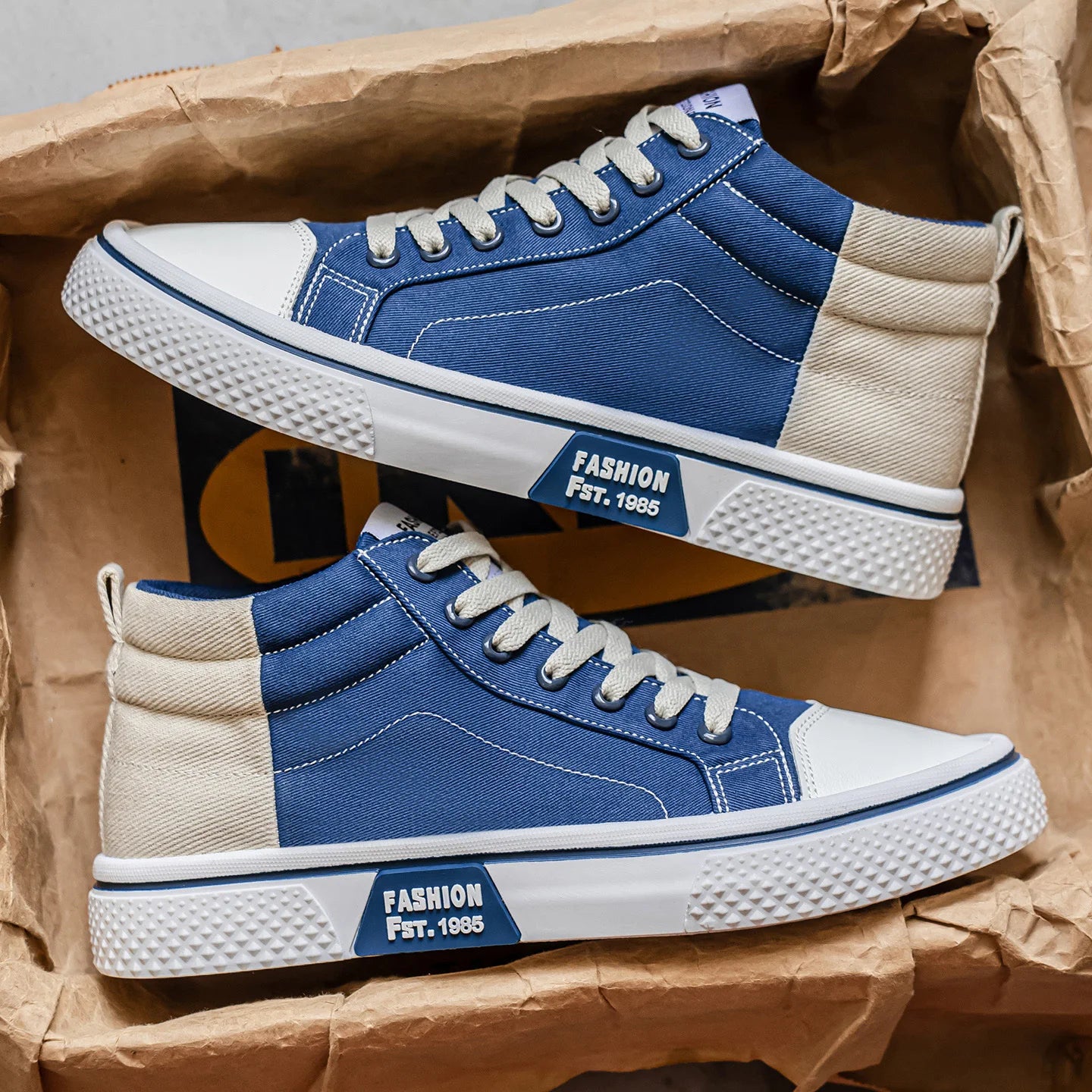 Herren Canvas Mid-Top Schuhe – Modische Leichte Sneaker | Bequeme Outdoor Wanderschuhe in Blau & Beige Kaufschwan®