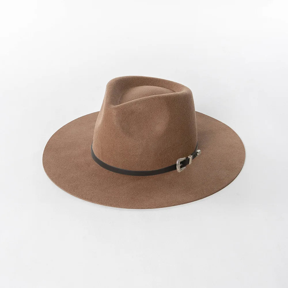 Herbst & Winter Unisex Woll-Fedora Hut – Vintage Jazzhut mit Krone & Schwarzem Lederband, Stylischer Hut mit Breiter Krempe