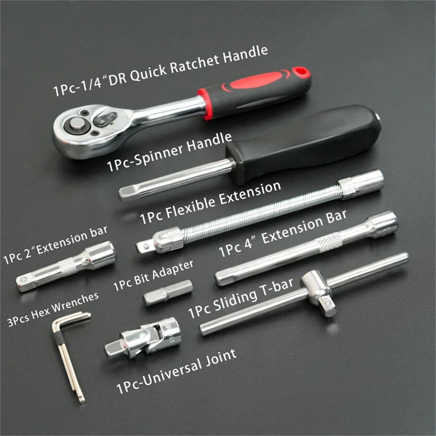 46-teiliges 1/4" Steckschlüssel & Ratschen Set Metrisches Hex Bit Werkzeugkoffer