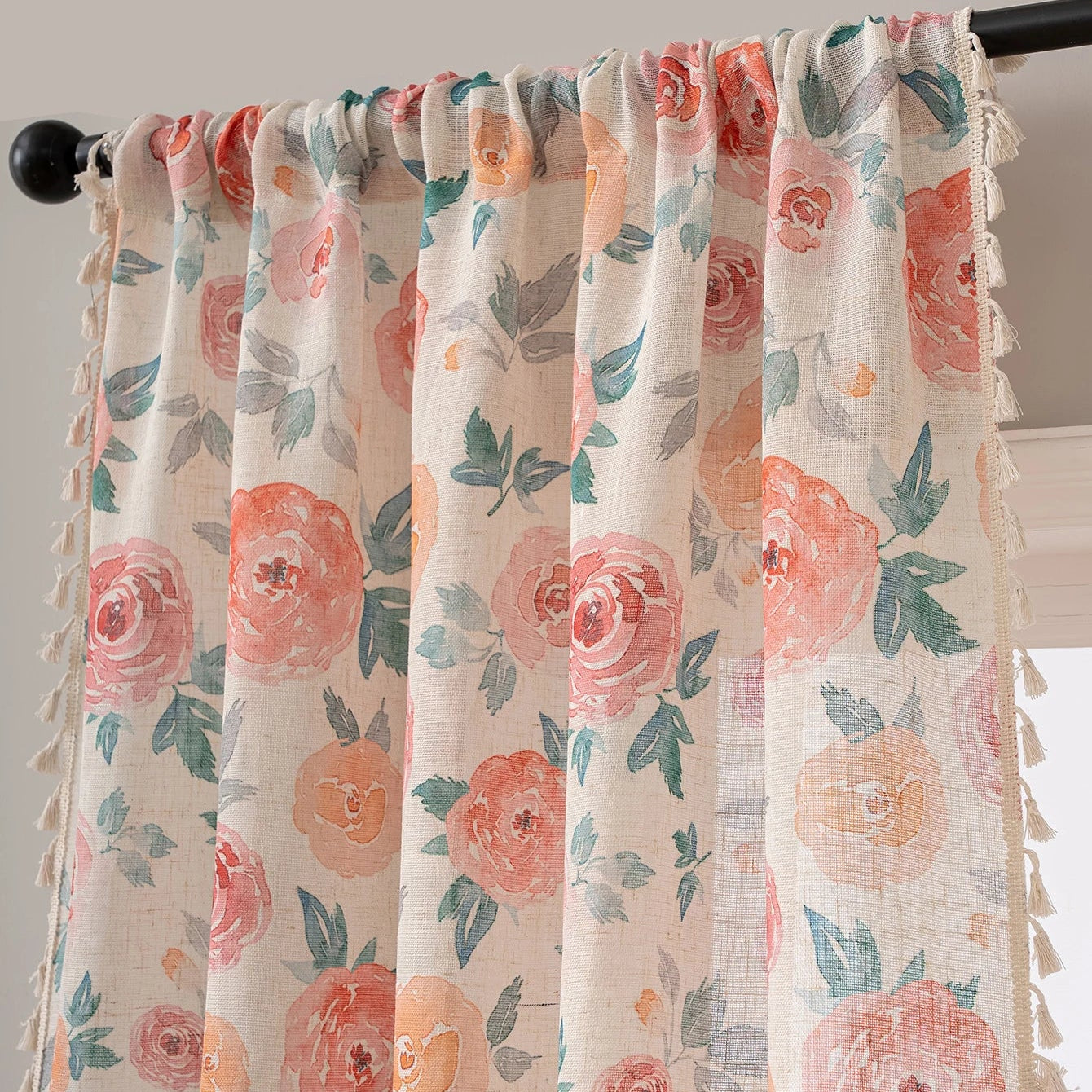 Rosa Blumen Vorhang mit Leinenoptik Lichtdurchlässig im Shabby Chic Stil für Wohnzimmer Kaufschwan®