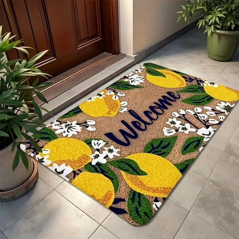 Willkommensmatte – Zitronen- und Blumenmuster mit „Welcome“-Schriftzug, Langlebige Matte für Innen- und Außenbereich Kaufschwan®