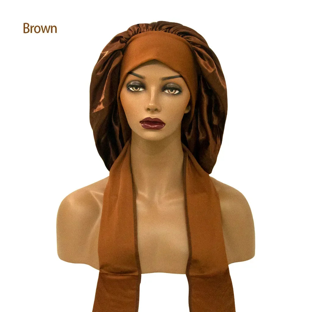 Breite Satin-Schlafhaube für Damen – Elastische Nachthaube mit Langem Bindeband für die Haarpflege