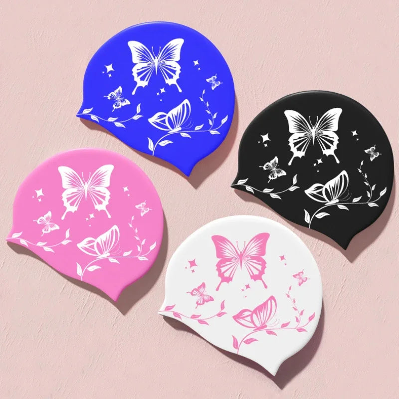 Wasserdichte Schwimmkappe mit Schmetterlingsmuster – Elastische Silikon Schwimmhaube für Langes Haar & Ohrenschutz | Unisex Erwachsene Kaufschwan®