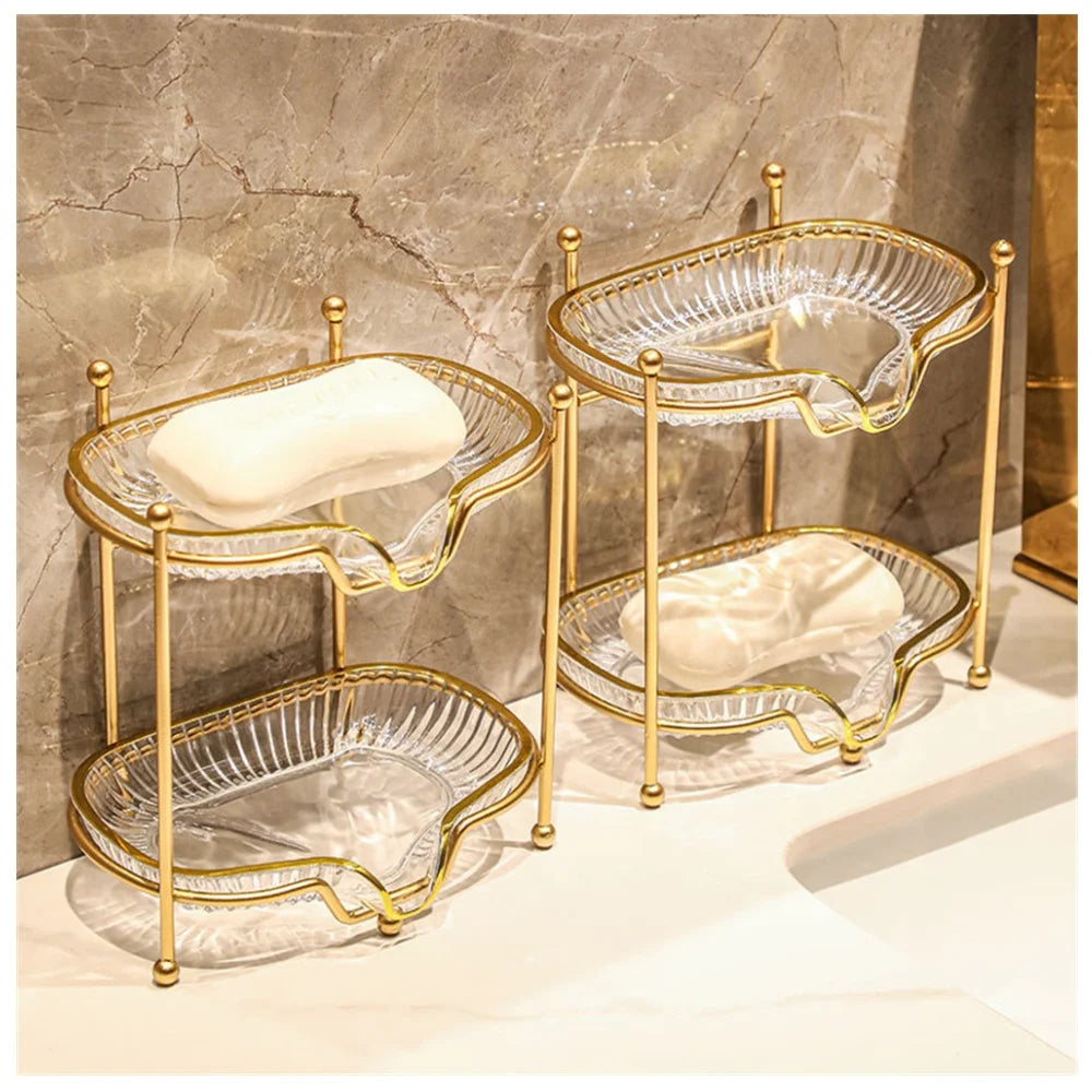 Leichter Luxus Doppel-Schicht Seifenhalter – Selbstablaufende Ablage mit Metallhalter fürs Badezimmer Kaufschwan® Transparent