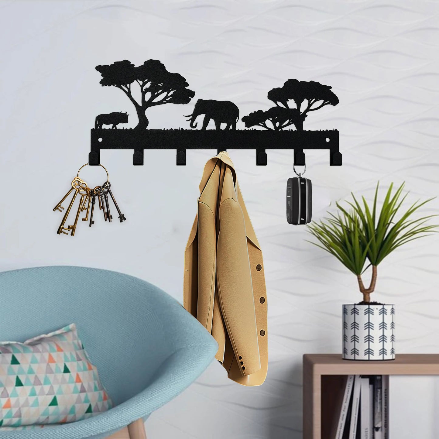 Metall Schlüsselhalter Elefant – Schwarzer Wandhaken mit 7 Haken | Dekorativer Schlüssel Organizer aus Eisen für Schlüssel, Taschen & Handtücher