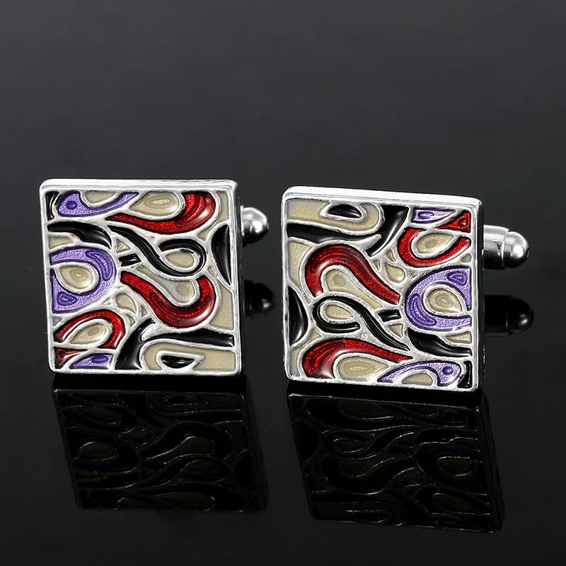 Herren Manschettenknöpfe – Buntes Emaille Quadrat Design | Modische Kariert Bemalte Metallknöpfe für Hemden & Anzüge Kaufschwan® Design 3