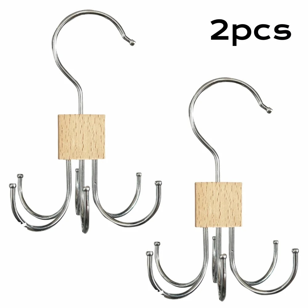 360° Drehbarer Multi Haken Kleiderbügel – Metall Gürtelhalter mit Holz Organizer für BHs und Krawatten Kaufschwan® Holzfarbe 2 Stück