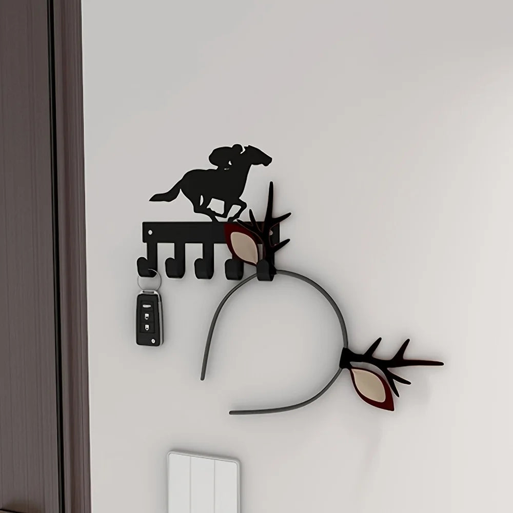 Schwarzer Metall Schlüsselhalter für die Wand – Klebender Schlüssel Organizer mit 5 Haken | Dekorativer Fahrrad & Reiter Hakenhalter
