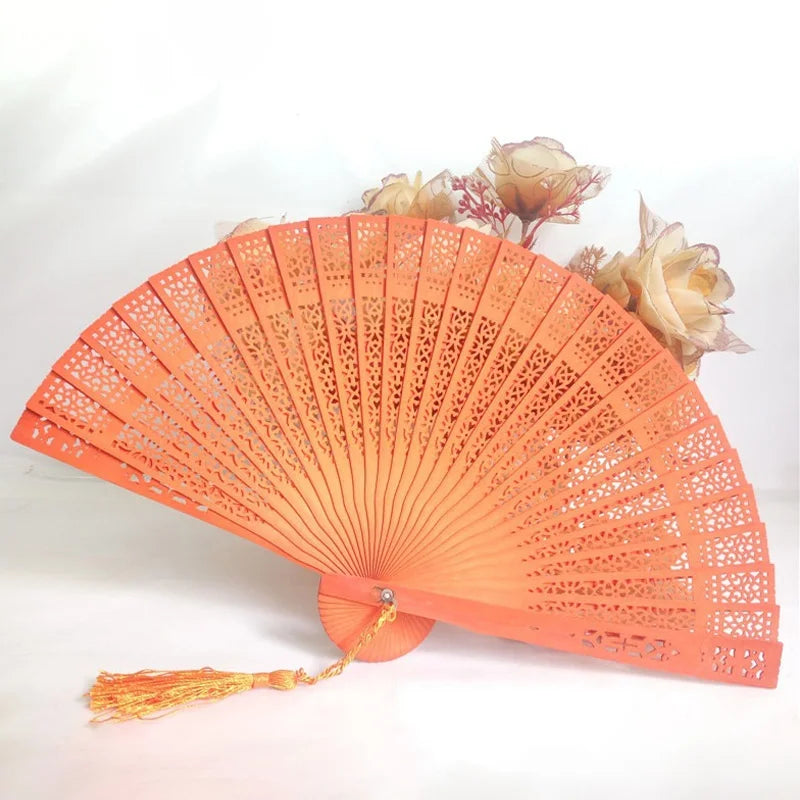 Vintage Hohl geschnitzter Räucherholz Faltfächer | Handgefertigter Bambusfächer | Antikes Kunsthandwerk Kaufschwan® Orange