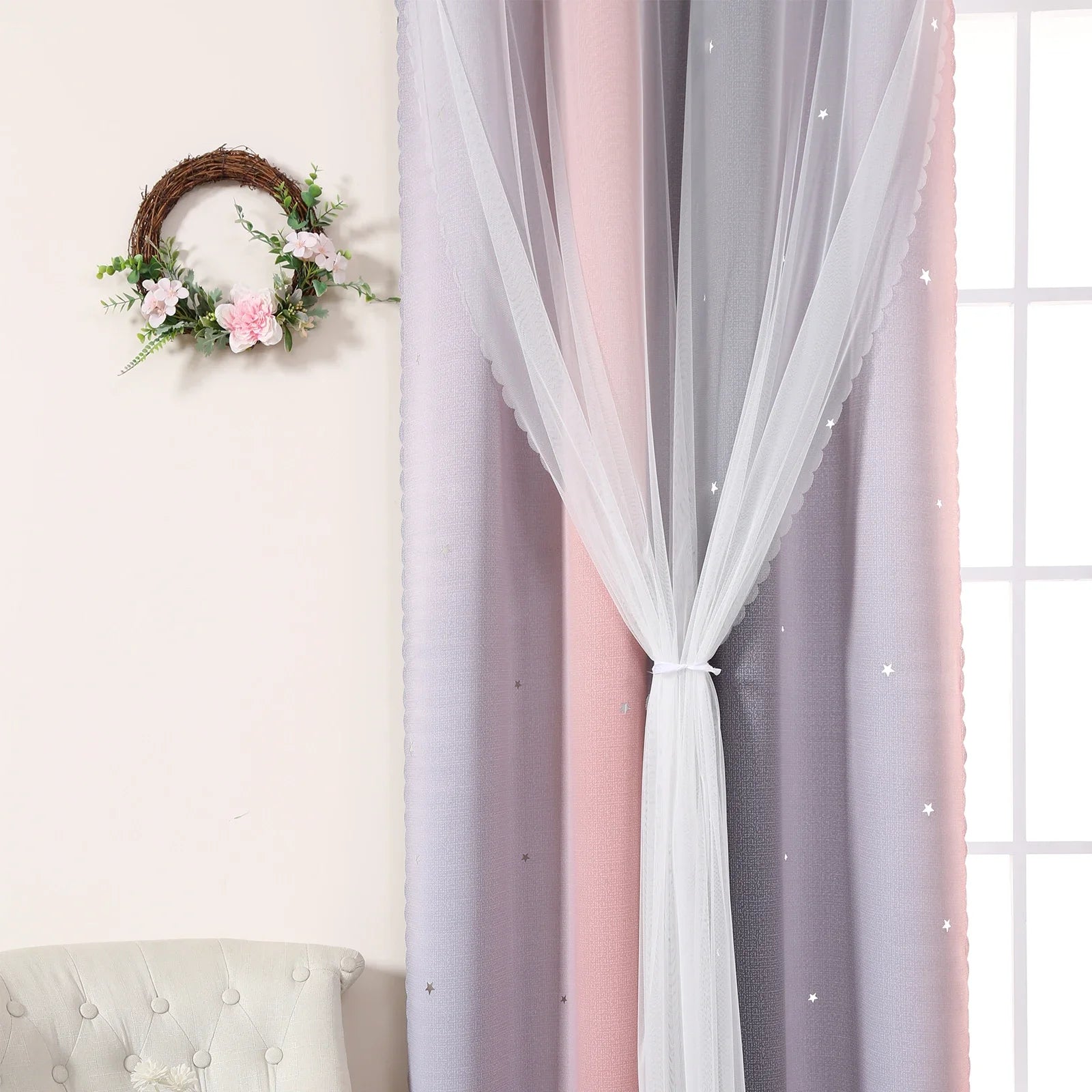 Grau Rosa Farbverlauf Stern Ausschnitt Halb Verdunkelungsvorhang für Mädchen Schlafzimmer Wohnzimmer 2 Stück/Set Kaufschwan®