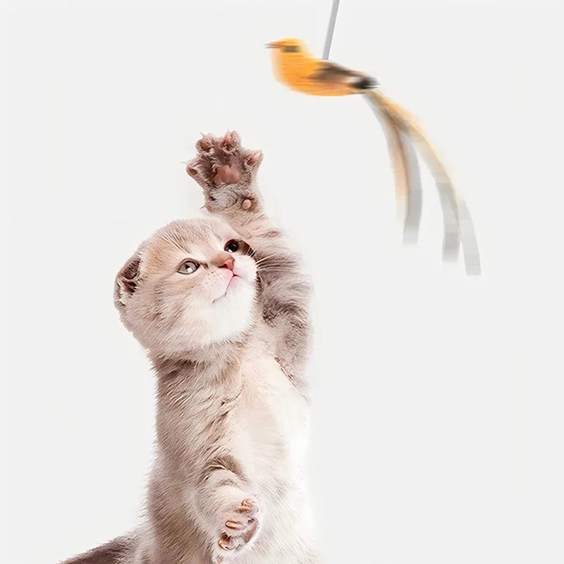 Feder-Vogel-Spielzeug für Katze – Interaktiver Katzen-Spielstab mit Langem Stahldraht & Epoxid-Saugnapf Kaufschwan®