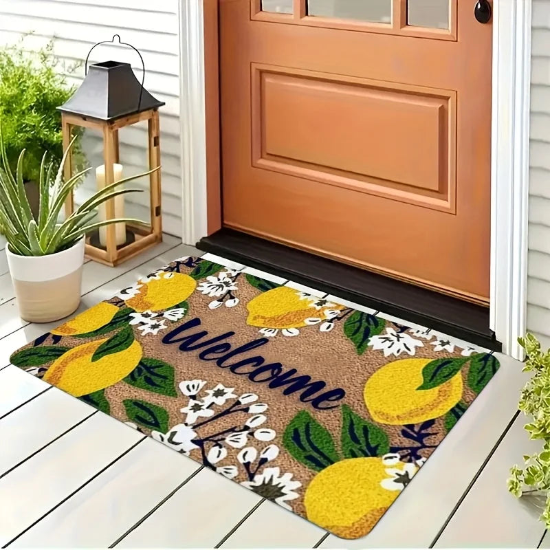 Willkommensmatte – Zitronen- und Blumenmuster mit „Welcome“-Schriftzug, Langlebige Matte für Innen- und Außenbereich Kaufschwan®