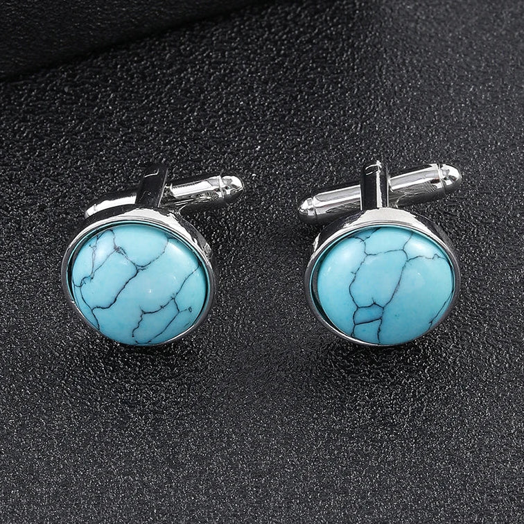 Blaue Stein Manschettenknöpfe – Elegante Unisex Schmuck Accessoires | Runde Metall Ärmelknöpfe für Anzüge & Feste Kaufschwan®