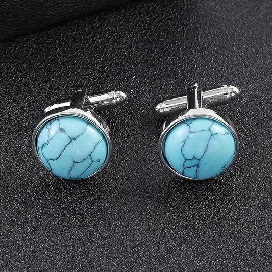 Blaue Stein Manschettenknöpfe – Elegante Unisex Schmuck Accessoires | Runde Metall Ärmelknöpfe für Anzüge & Feste Kaufschwan®