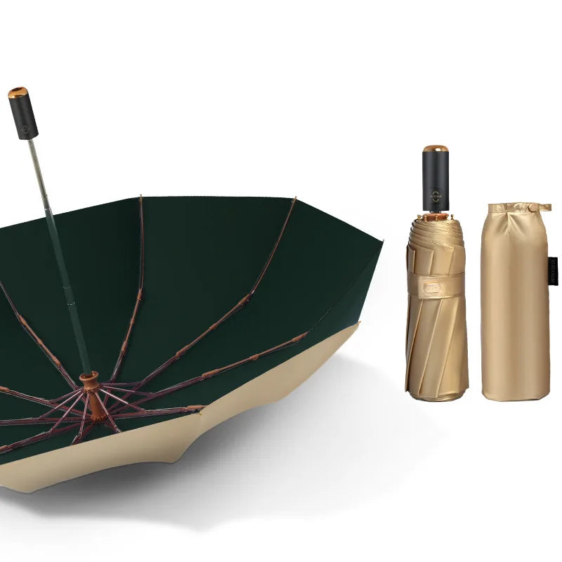 Luxus Gold Automatikschirm – Tragbarer Damen 3-Fach Faltbarer UV-Schutz Sonnenschirm, 10K Doppel-Lagen Winddichter Schirm für Mädchen