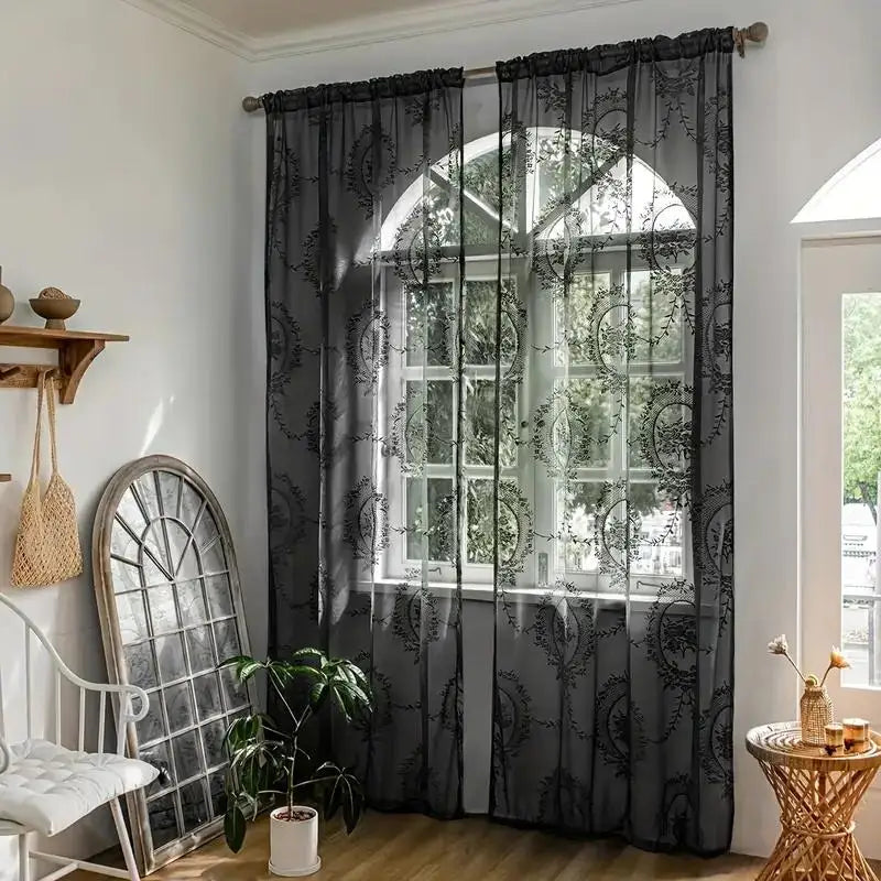 Floraler Bestickter Transparenter Vorhang mit Stangentasche für Wohnzimmer Schlafzimmer Balkon 2 Stück/Set Kaufschwan® Schwarz 140X114Cm