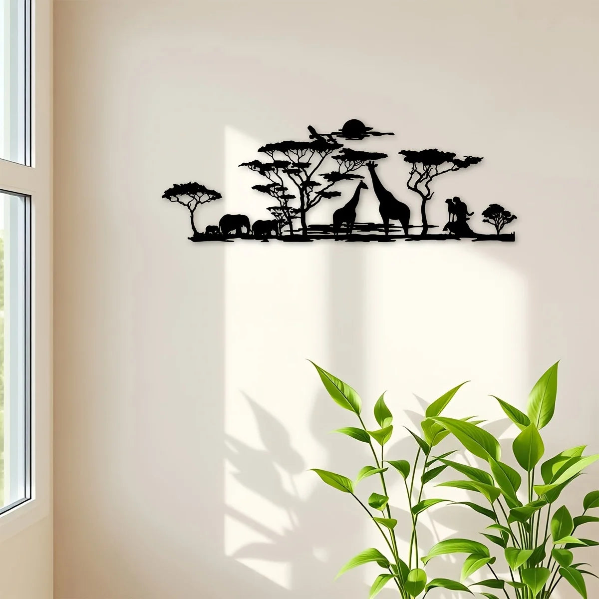 Afrikanische Tier Metall Wanddeko – Elefant, Giraffe, Löwe und Baum Design Kaufschwan®