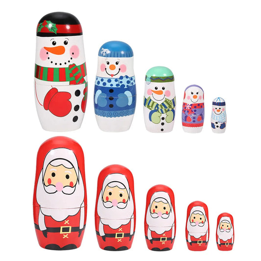 5 Stück Handbemalte Weihnachts-Matrjoschka – Holz-Nestpuppen Set | Niedliche Dekoration & Geschenk für Kinder