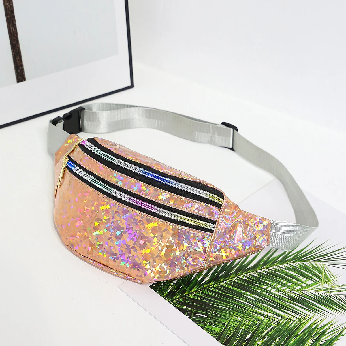 Holografische Damen Gürteltasche – Silber & Schwarzes Geometrisches Muster | Laser Hüfttasche Crossbody Brusttasche für Handy & Reisen Kaufschwan® Rose