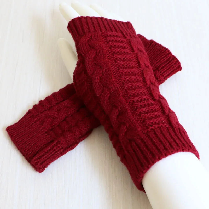 Damen Stylische Handwärmer – Fingerlose Strickhandschuhe | Winter Armwärmer mit Zopfmuster aus Kunstwolle Kaufschwan® Rotwein