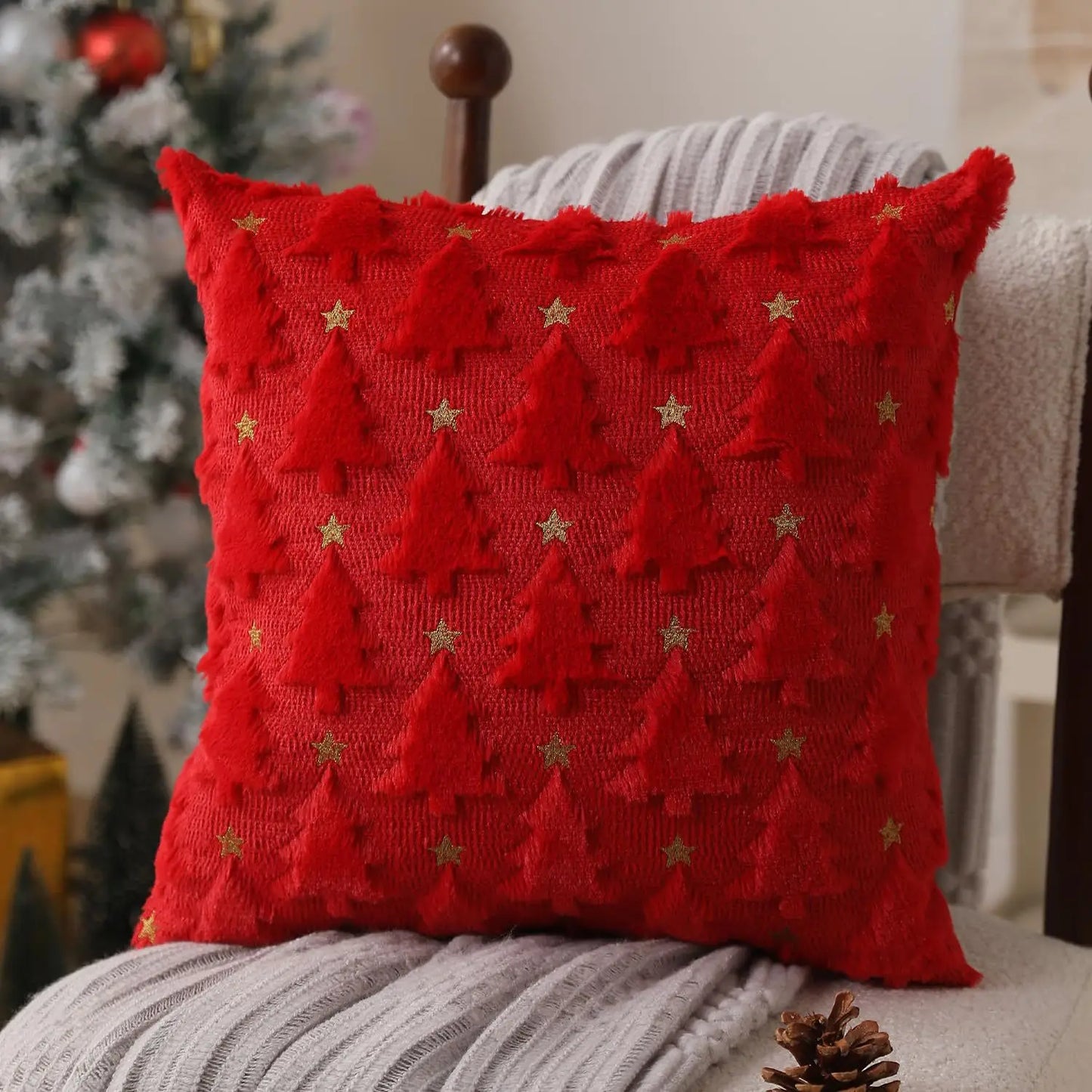 45x45cm Weihnachts Kissenbezug – Gestepptes Plüsch Design | Stern & Tannenbaum Motiv Sofakissen Bezug für Wohnzimmer Deko
