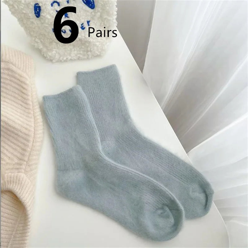 1-12 Paare Damen Herbst Winter Dicke Warme Mittellange Socken | Modische Macaron Farbige Flauschige Bequeme Freizeit Socken Kaufschwan® 6 Paare - Blau Einheitsgröße