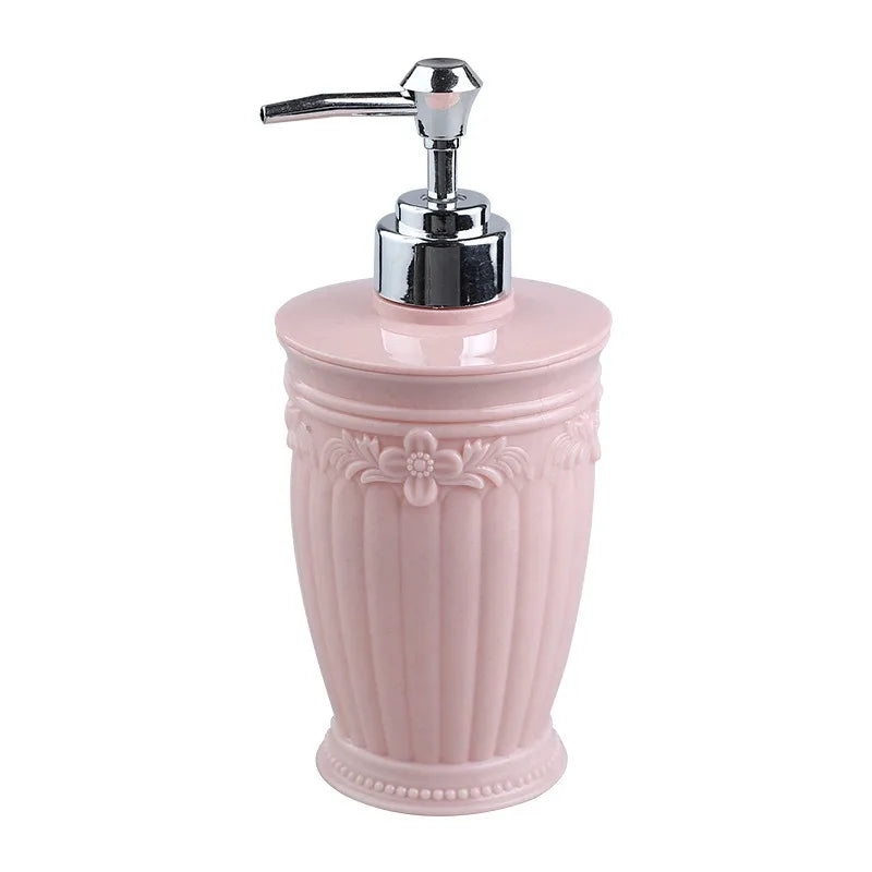 Modischer Buntglas-Seifenspender mit Gravur – Handpumpe für Bad-Desinfektionsmittel & Shampoo-Emulsion Kaufschwan® Rund Hellrosa