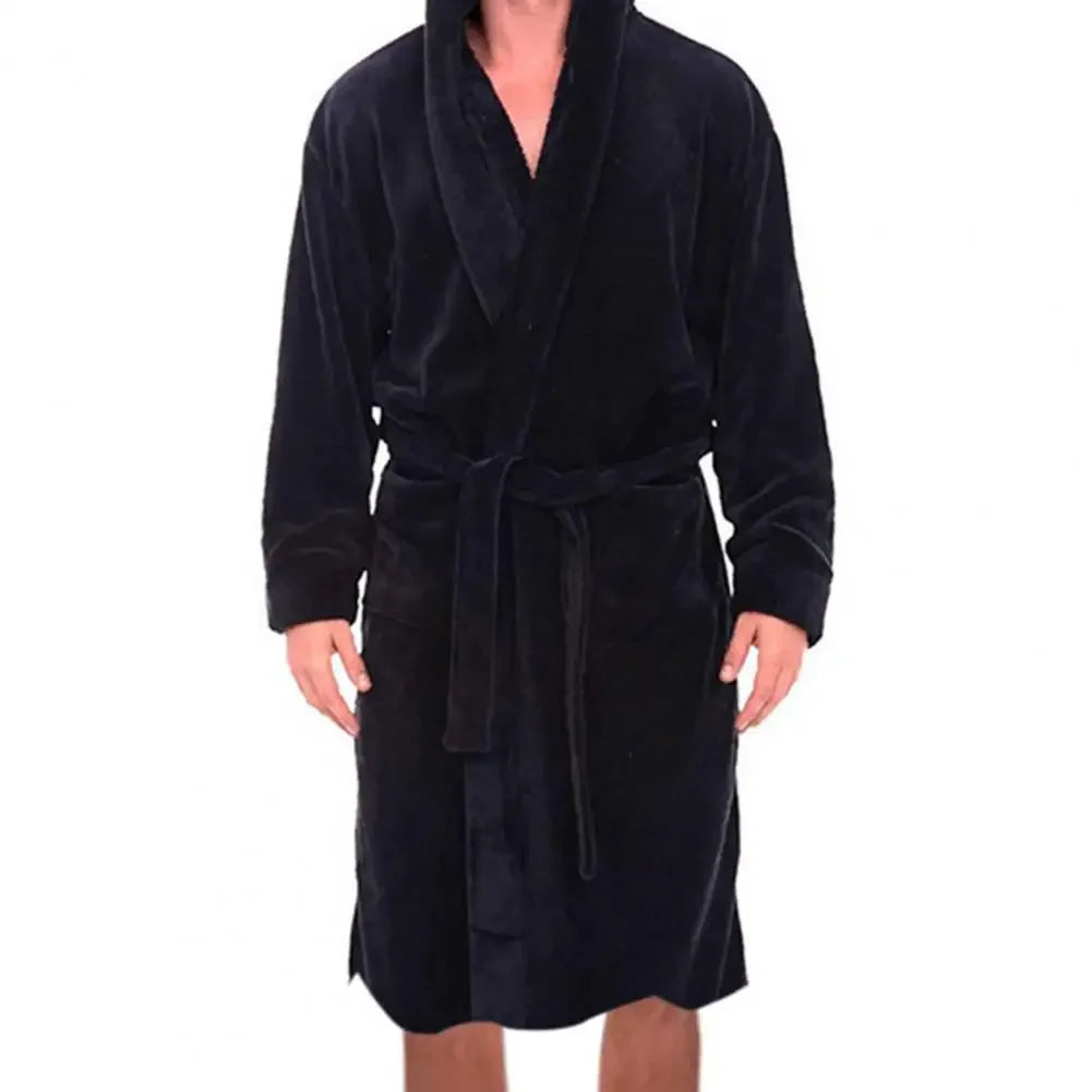 Herren Bademantel mit Kapuze aus Flanell – Warmer Morgenmantel mit Gürtel & Taschen, Weicher Schlafanzug für Zuhause Kaufschwan® Schwarz XL