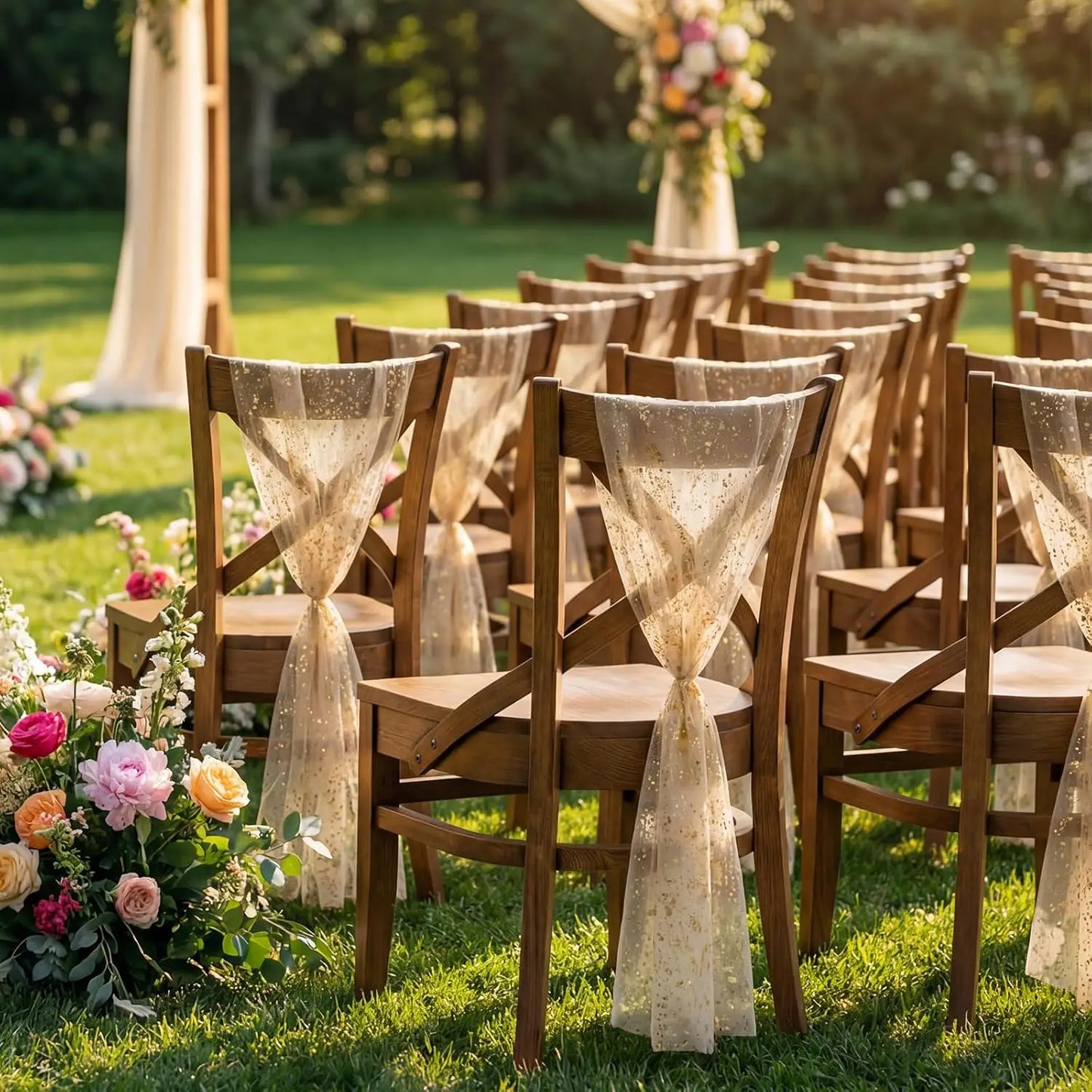 Goldfolien Stuhlschleifen – Glänzende Metallic Schleifen für Hochzeit & Events Kaufschwan®