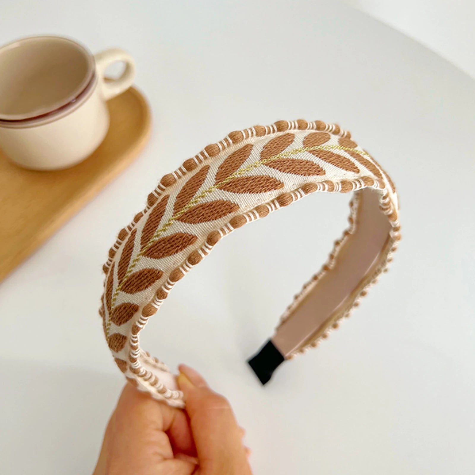 Haarreif mit Blätterstickerei – Modischer Turban Haarreif für Damen & Mädchen | Frühlingsaccessoire Kaufschwan® Kaffee