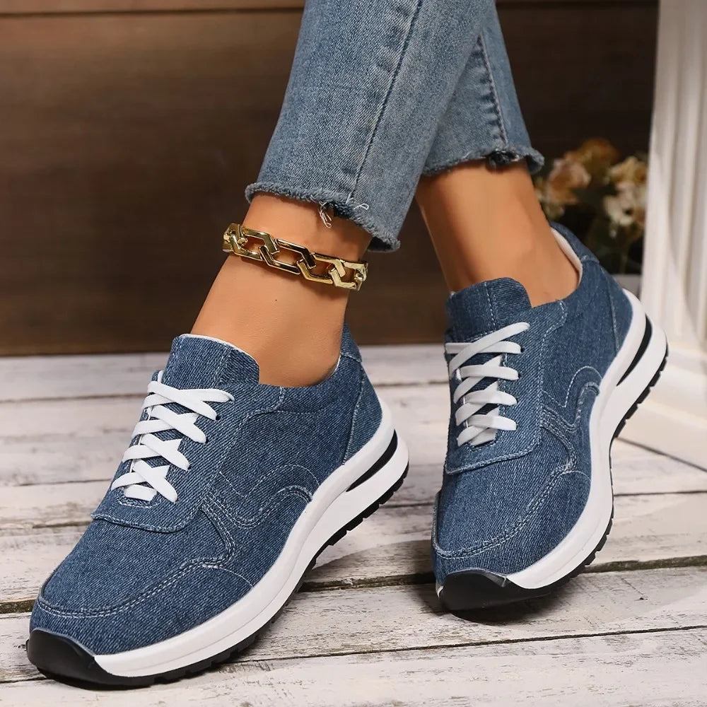 Blaue Denim Damen Plateau-Sneaker – Modische Schnürschuhe mit Dicker Sohle | Bequeme Freizeit-Sneaker in Übergrößen bis 43 Kaufschwan®