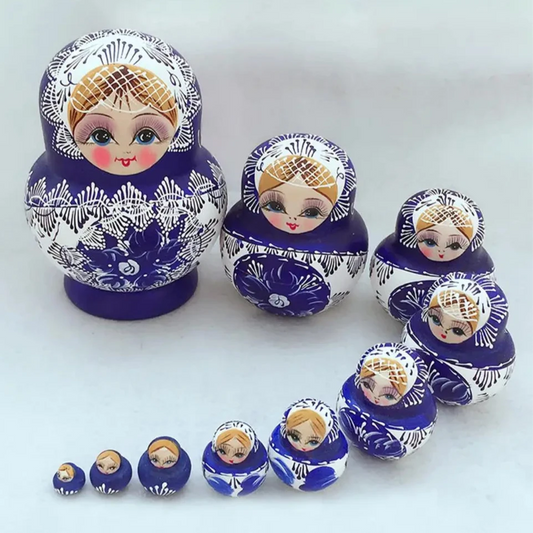 10 Stück Matrjoschka Nestpuppen – Niedliches Russisches Puppen Geschenkset | Traditionelles Holz-Design