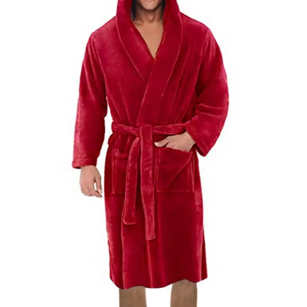 Herren Bademantel mit Kapuze aus Flanell – Warmer Morgenmantel mit Gürtel & Taschen, Weicher Schlafanzug für Zuhause Kaufschwan® Rot XL