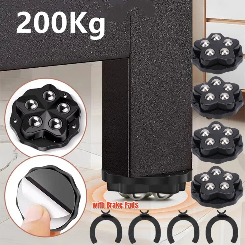 4-teiliges Selbstklebendes Möbelrollen-Set mit Bremsen – Belastbare 360° Drehbare Universalrollen mit 5-Kugel-Konstruktion Kaufschwan®