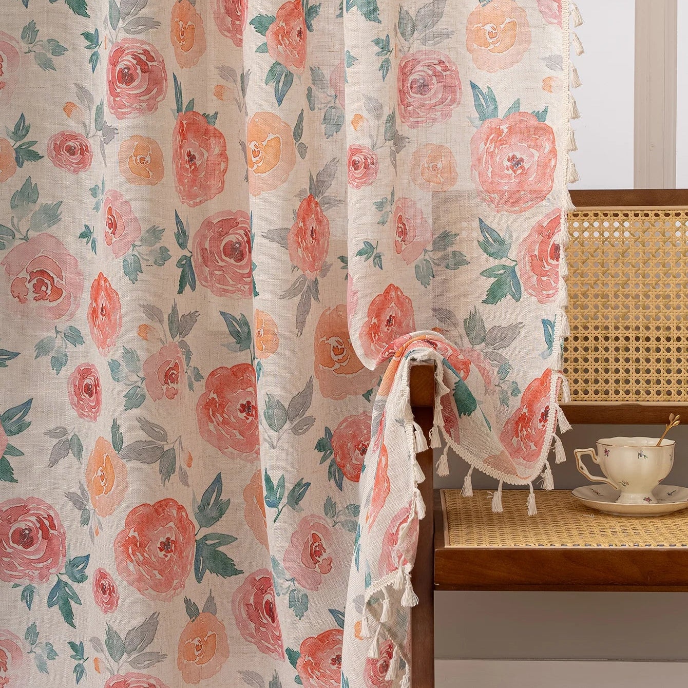 Rosa Blumen Vorhang mit Leinenoptik Lichtdurchlässig im Shabby Chic Stil für Wohnzimmer Kaufschwan®