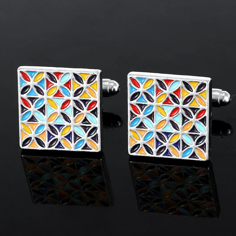 Herren Manschettenknöpfe – Buntes Emaille Quadrat Design | Modische Kariert Bemalte Metallknöpfe für Hemden & Anzüge Kaufschwan® Design 2