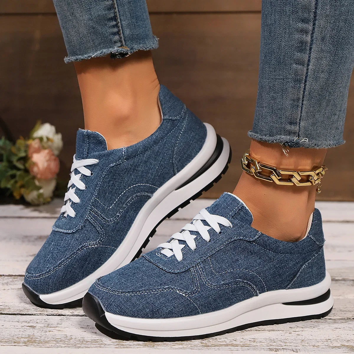 Blaue Denim Damen Plateau-Sneaker – Modische Schnürschuhe mit Dicker Sohle | Bequeme Freizeit-Sneaker in Übergrößen bis 43 Kaufschwan® Blau 38