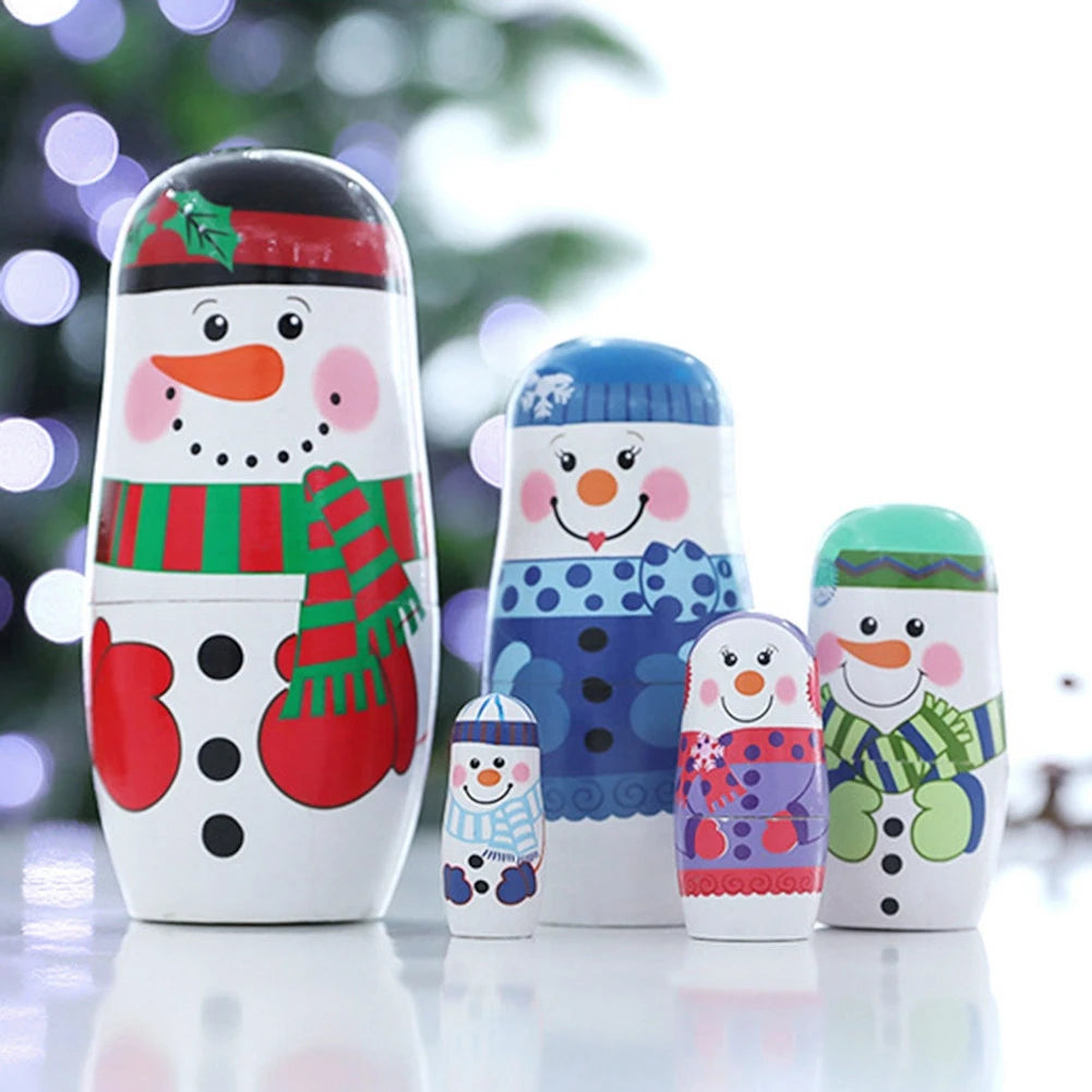 5 Stück Handbemalte Weihnachts-Matrjoschka – Holz-Nestpuppen Set | Niedliche Dekoration & Geschenk für Kinder