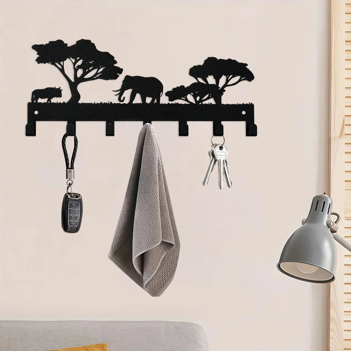 Metall Schlüsselhalter Elefant – Schwarzer Wandhaken mit 7 Haken | Dekorativer Schlüssel Organizer aus Eisen für Schlüssel, Taschen & Handtücher