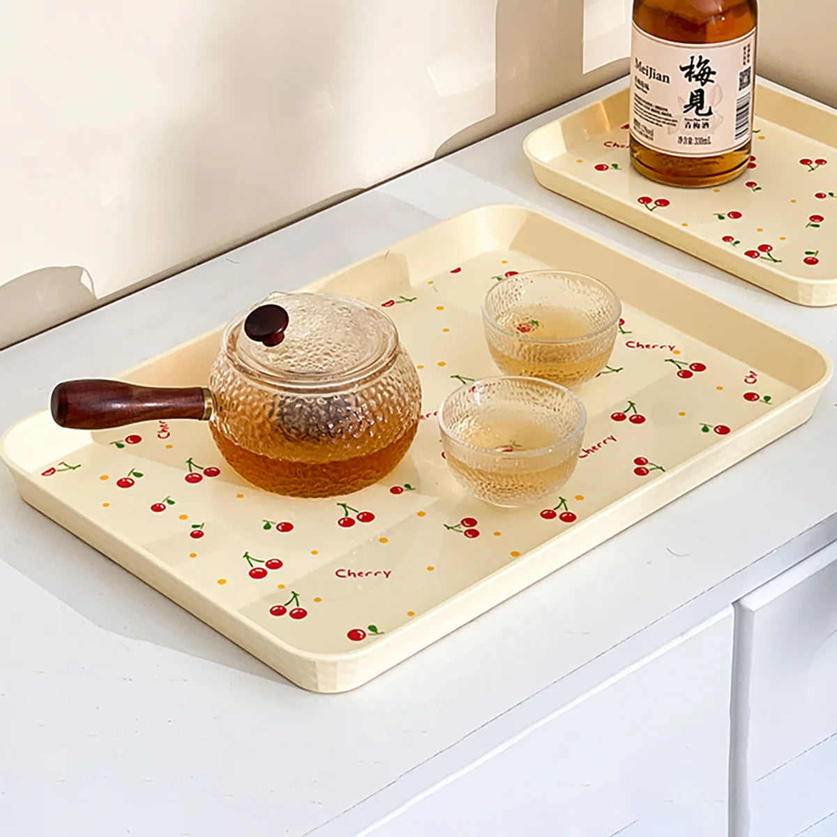 Multifunktionales Kunststoff-Serviertablett mit Kirschmuster – Obst- & Dessertteller, Küchen-Organizer, Parfum- & Schmuckablage
