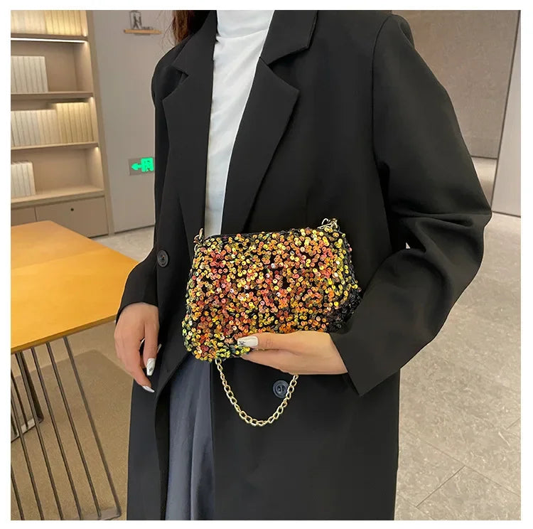 Pailletten Crossbody Kettentasche – Einfarbige Schultertasche, Underarm Bag & Abend Clutch Handtasche für Damen Kaufschwan®