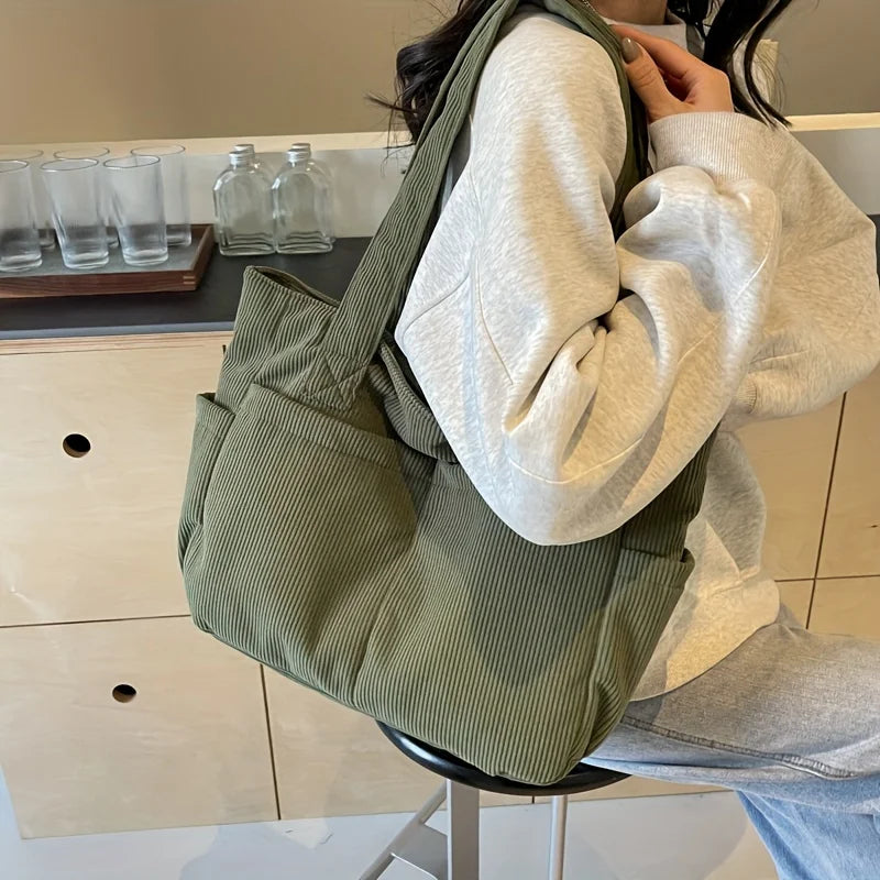 Damen Casual Cord Tote Bag – Gestreifte Schultertasche mit Reißverschluss | Große Kapazität Handtasche für Alltag & Shopping Kaufschwan®
