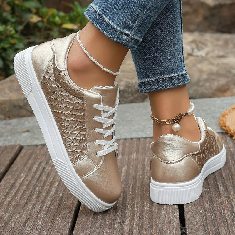 Damen Sneaker in Gold & Silber – Übergröße 42 | Frühling & Herbst Schnürschuhe aus Weichem PU Leder | Modische Freizeitschuhe Kaufschwan®