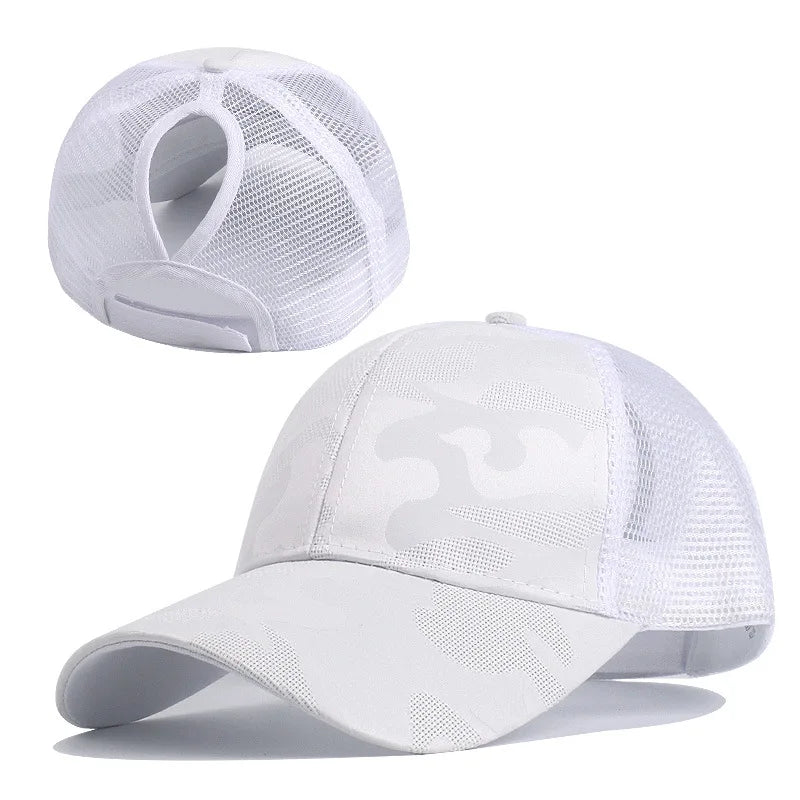2024 Neue Sommer Camouflage Mesh Trucker Hut | Damen Snapback Baseballkappe | Messy Hair Bun & Ponytail Freundlich Kaufschwan® Weiß