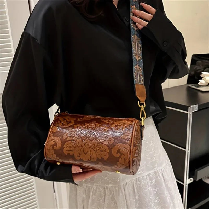 Retro Bestickte Blumen Leder Schultertasche – Klassische Zylinder Crossbody Handtasche für Damen | Alltag, Arbeit & Party Kaufschwan®
