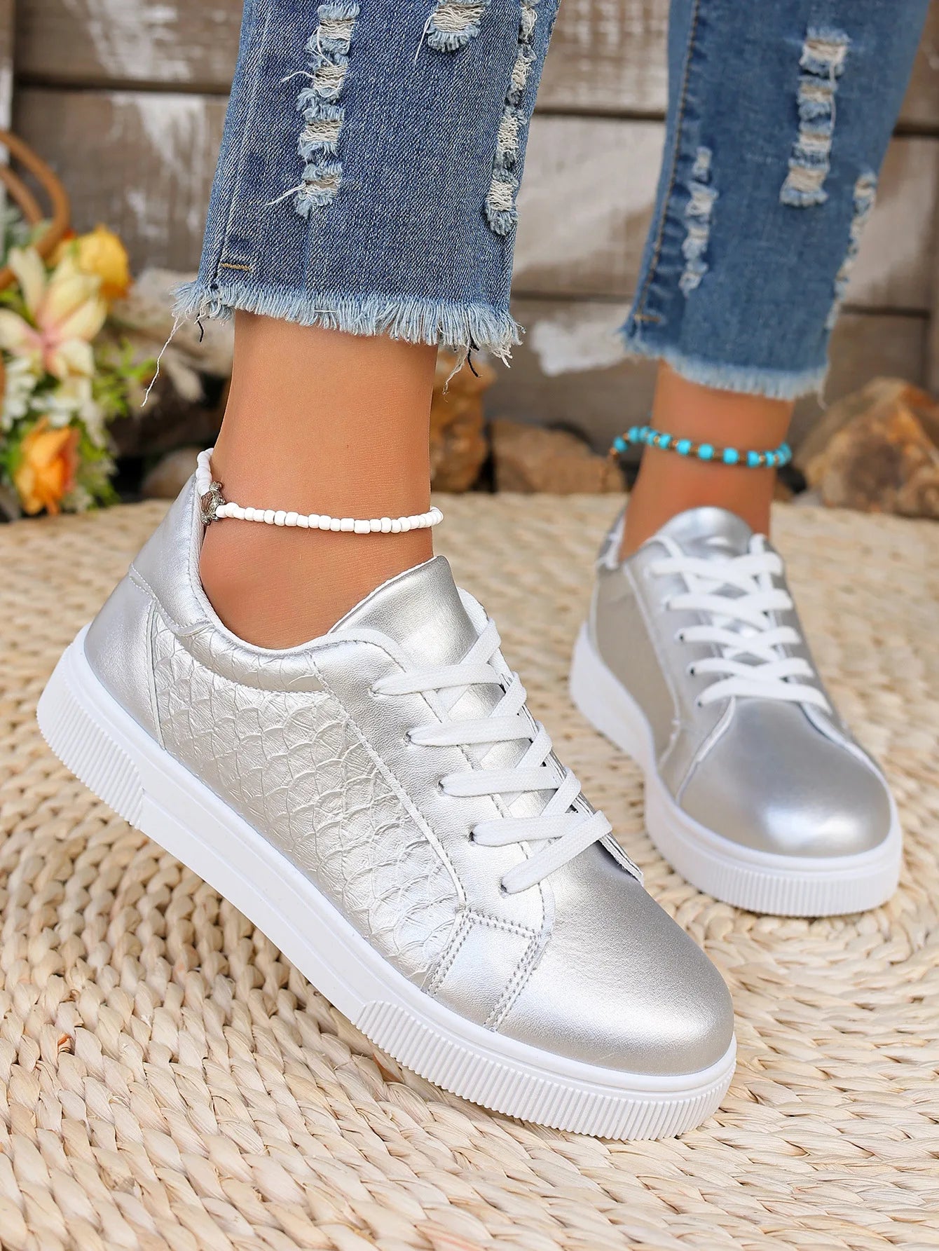 Damen Sneaker in Gold & Silber – Übergröße 42 | Frühling & Herbst Schnürschuhe aus Weichem PU Leder | Modische Freizeitschuhe Kaufschwan®