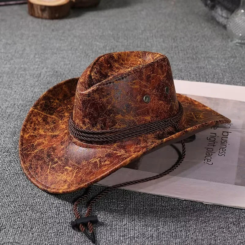 Kunstleder Western Cowboy Hut für Damen & Herren – Vintage Gentleman Dress Hat, Panama Cowgirl Jazz Cap, Klassischer Sombrero Kaufschwan® Orange 2 56-58CM