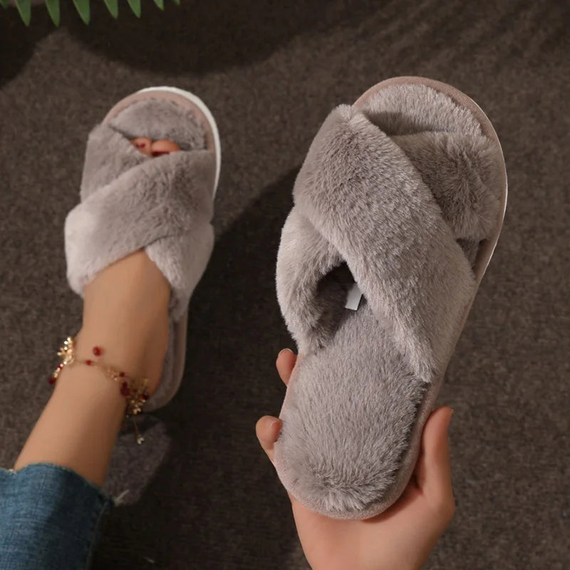 Modische Cross-Strap Plüschpantoffeln für Damen | Flauschige Hausschuhe für Zuhause | Kunstfell Flacher Absatz, Große Größe 43