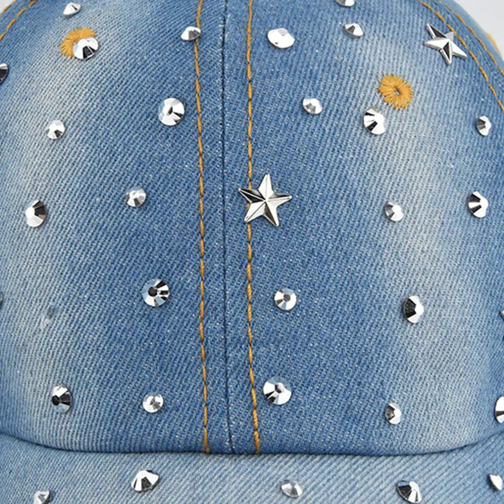 Denim Baseballkappe Damen | Gewaschener Vintage-Hut mit Rivet Star | Snapback Sonnenhut für Damen & Herren | Sommer Outdoor Freizeit Kaufschwan®
